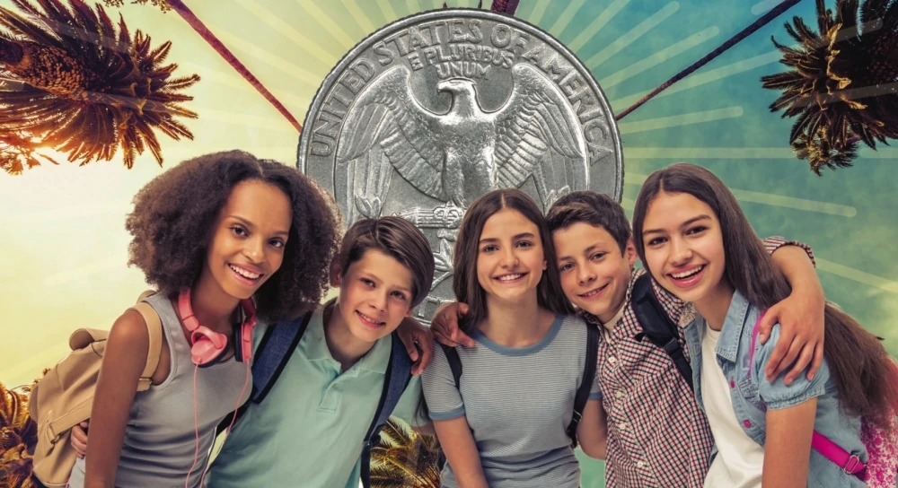 Photo of school kids under palm trees with quarter in back ground