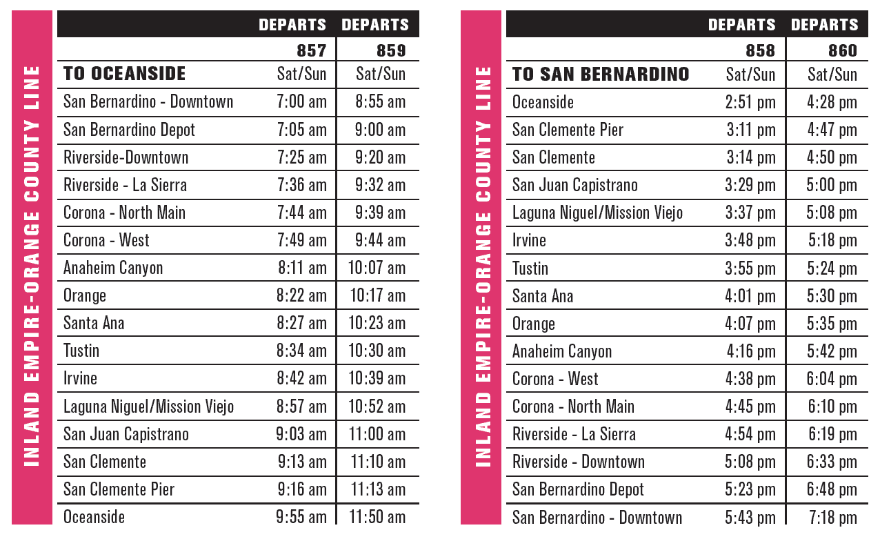 photo of weekend metrolink schedule for the IEOC line